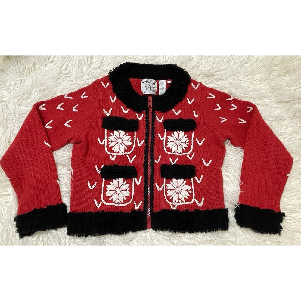 Michael Simon Red Zipper Cardigan Cropped Sweater Snowflake Medium vintage 90s